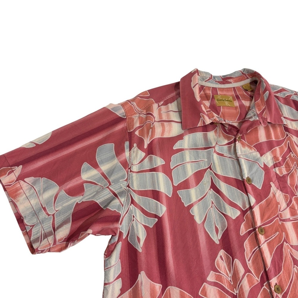 Tommy Bahama Silk Button Up Shirt Mens XL Red Coral Hawaiian Tropical Leaf - Picture 6 of 10